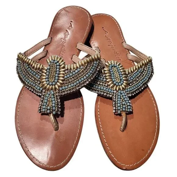 Asapatilha Sandals Women's 6 Tan Leather Beaded Rhinestone Flat Resort Boho - Picture 1 of 4